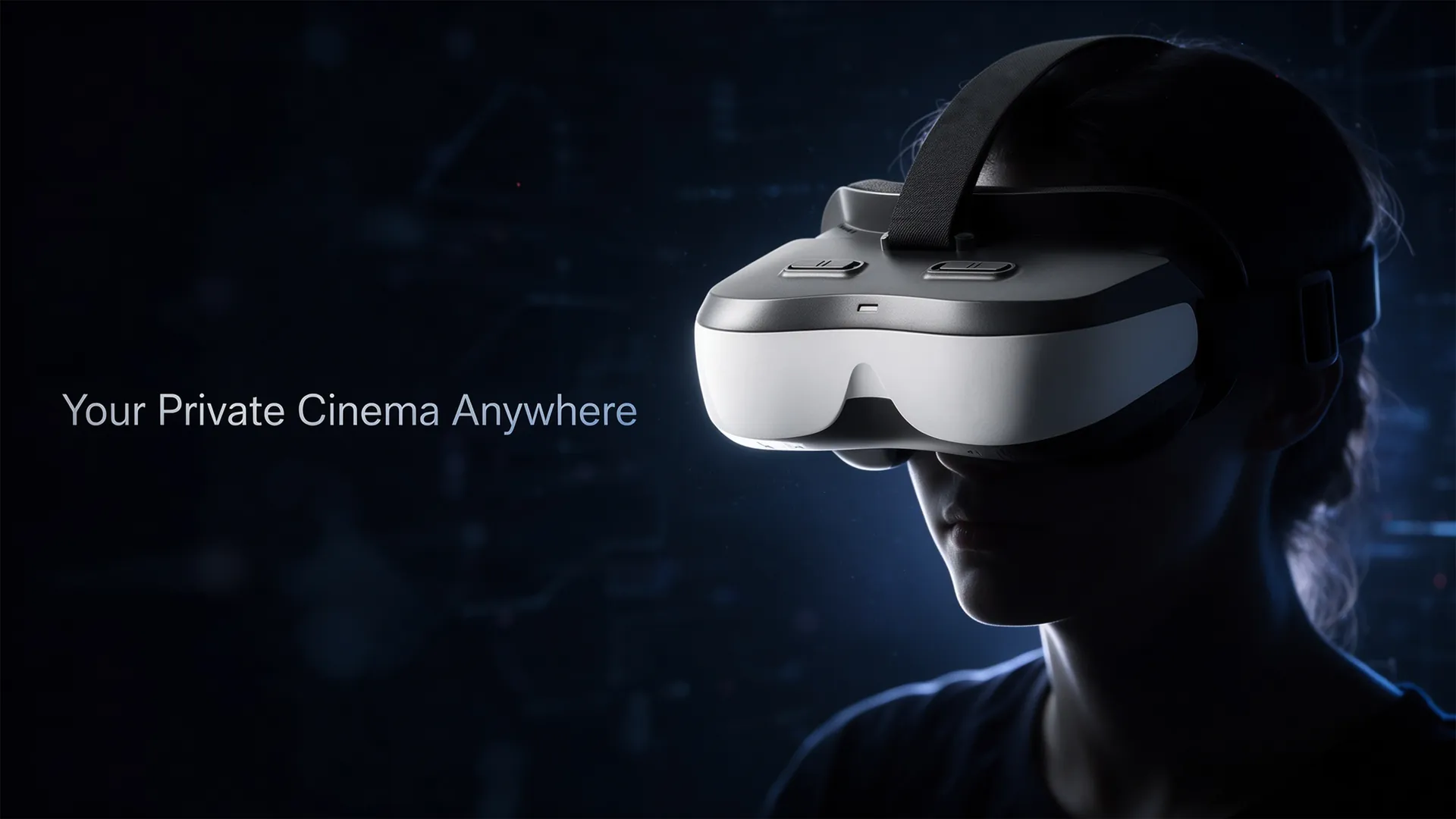 Person wearing the VUEHMD 6360P wearable display in a dark room